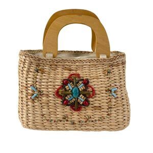 Bohemian Straw Purse Beaded Wood Top Handle Structured Boho Beach White Stag Bag